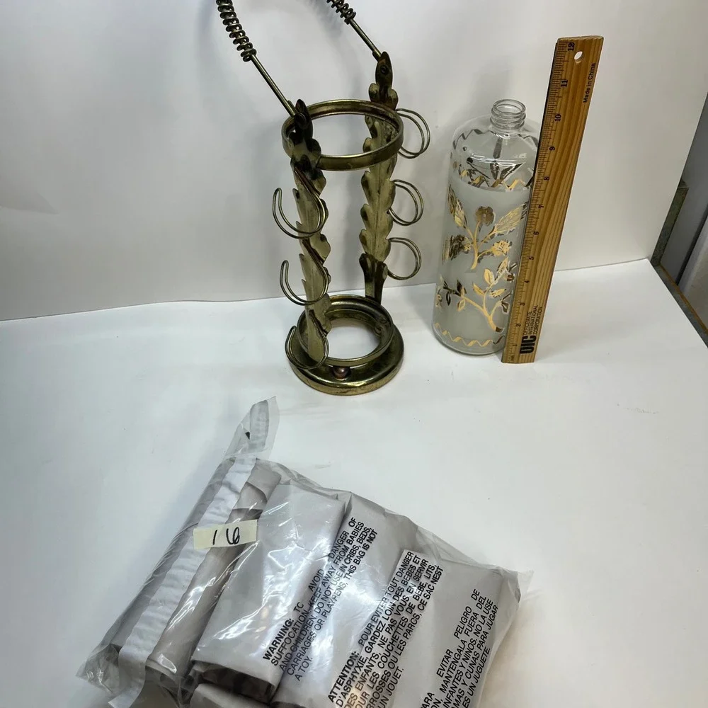Vintage Decanter Set glenshaw‎ Gold Leaf Glass 6 Shot Glasses Brass Caddy mcm